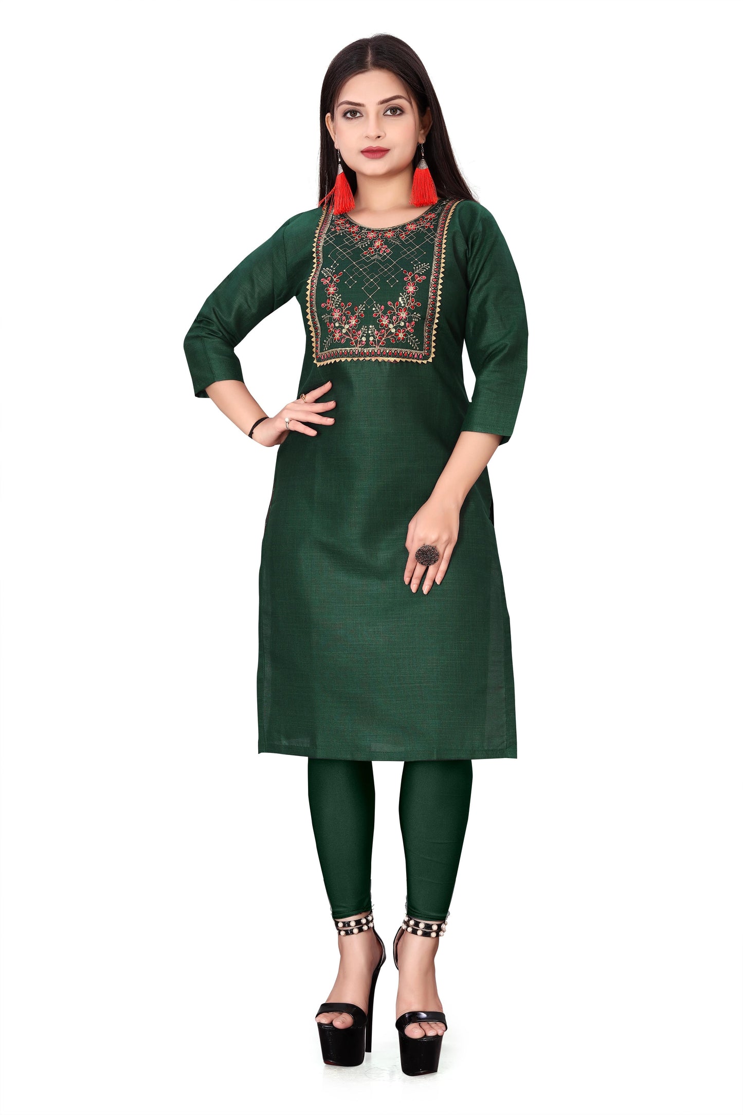 Women's Green Embroidered Cotton Slub Kurti