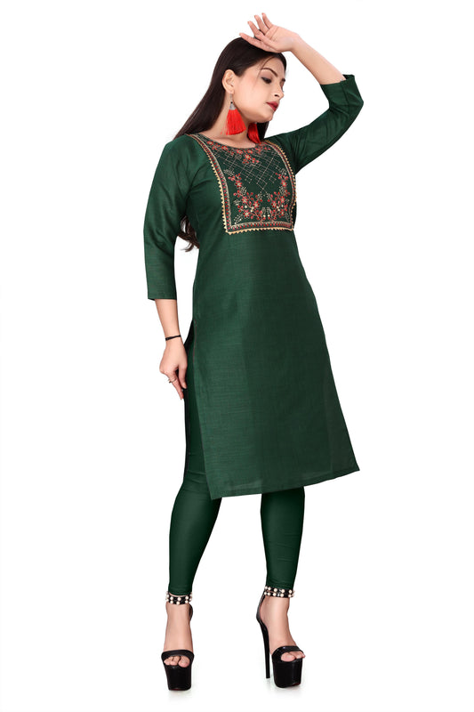 Women's Green Embroidered Cotton Slub Kurti